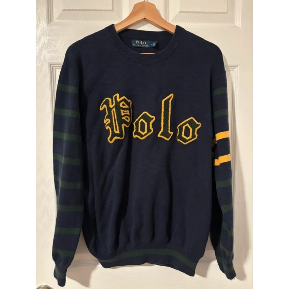Polo Ralph Lauren Varsity Navy Yellow Green Striped Crewneck Sweater Men Med